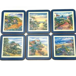 Pimpernel Coasters Set of 6 Coastal Beach Cottage Scenes Cork Back Made England